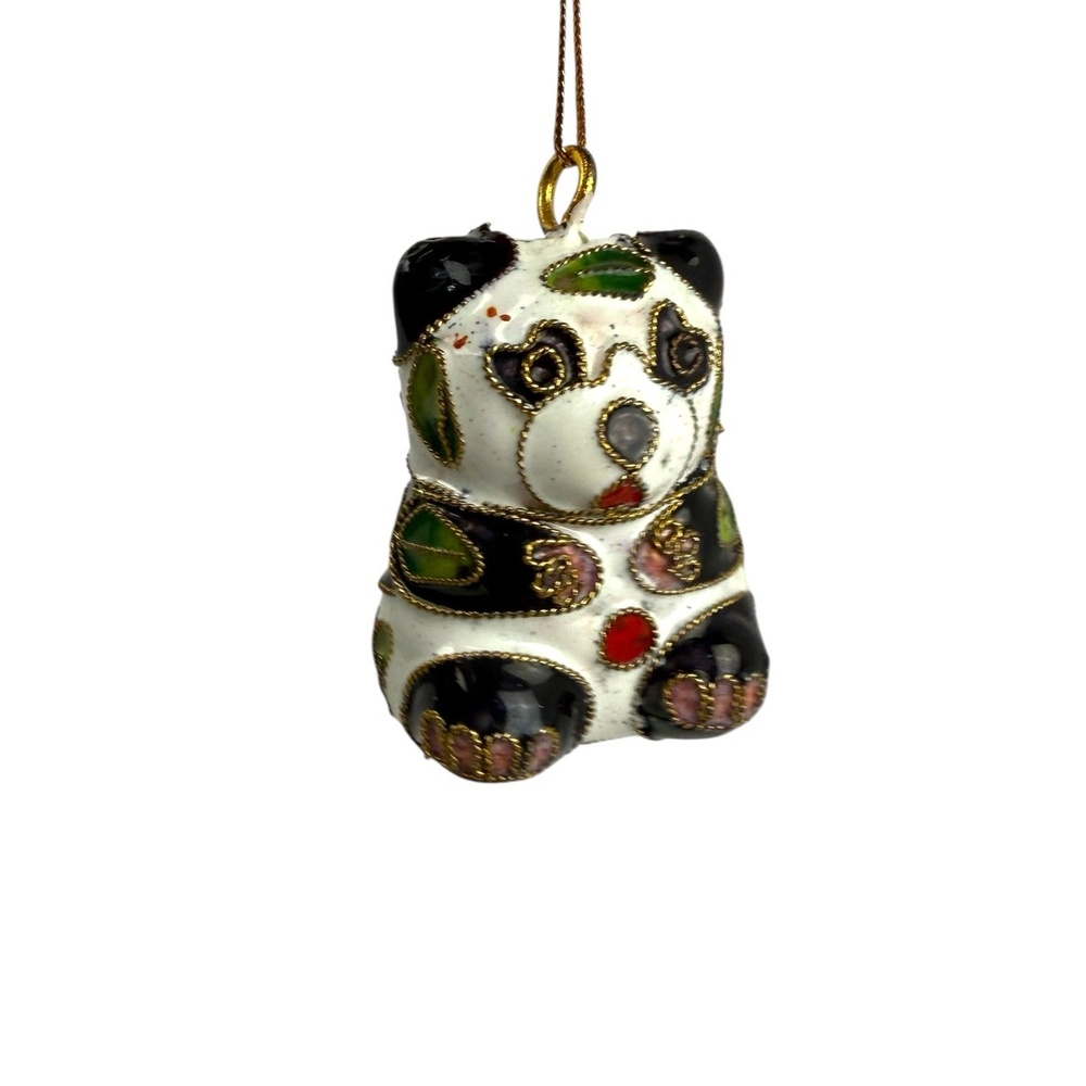 Vintage Cloisonne Enamel Panda Bear Ornament Black‎ White Green Intricate